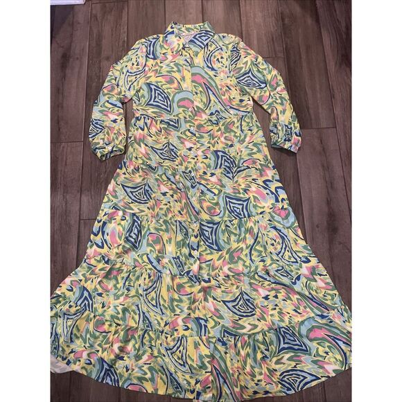 Sunday Up Tropical Blue Green Yellow maxi‎ Long Sleeve Button Down Size m - Picture 1 of 8